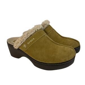 CROCS Tan Suede Mules with Faux Fur Lining